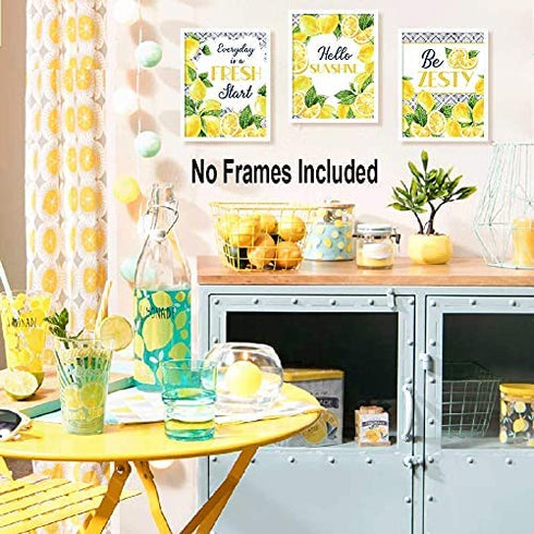 HLNIUC Lemon signs Art Prints, Inspirational Blue Pattern Yellow Lemon Pictures Set Of 6(8”X10”, Unframed), Fruit Botanical Poster Green Leaf Modern Wall Art For Bed Room Living Room Kitchen Decor
