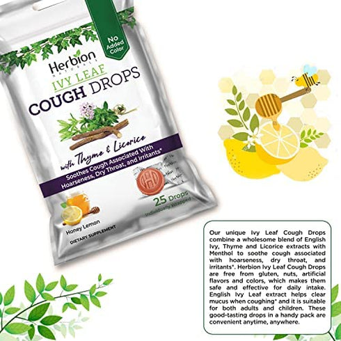Herbion Naturals Ivy Leaf Cough Drops, Natural Honey Lemon Flavor, Dietary Supplement, for Adults and Children Over 6 Years, 25 Drops