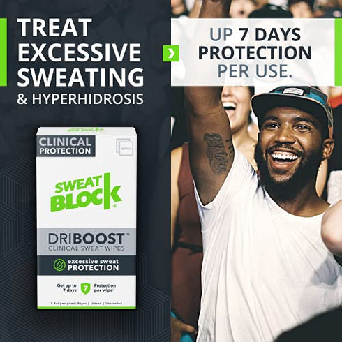 SweatBlock DRIBOOST Clinical Strength Antiperspirant Wipes - Treat Hyperhidrosis, Excessive Sweating, & Stop Pit Stains - Up to 7 days Protection Per Wipe - 5 ct - Unisex