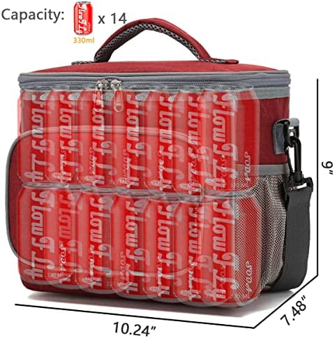 FlowFly Insulated Reusable Lunch Bag Adult Large Lunch Box for Women and Men with Adjustable Shoulder Strap Front Zipper Pocket and Dual Large Mesh Side Pockets, Red