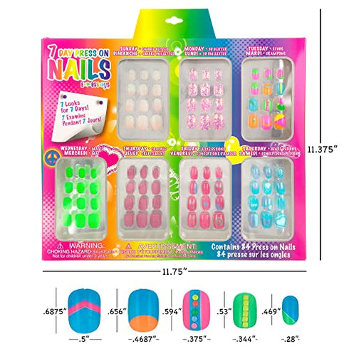 Expressions Girl 7 Day Manicure Collection - 84PC Press On Nail Set, Day-of-The-Week Adhesive False Nails for Girls (Set of Brights or Pastels) – Colorful Novelty Designs Stick On Nails for Kids
