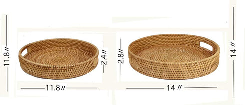 Rattan Coffee Table Handmade Round Serving Tray with Handles Woven Ottoman Trays for Coffee Table Living Room, Bed Breakfast, Tea, Fruit Bread Basket Tray, 11.8" x 2.4"