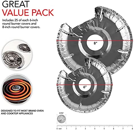 Round Electric Stove Burner Covers (50 Pack) 6 Inch and 8 Inch Disposable Stove Top Aluminum Foil Bib Liners, to Keep Kitchen Range Clean from Oil and Food Drips, Stock Your Home