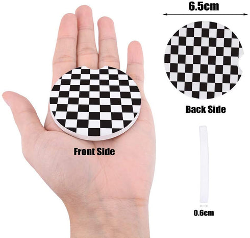 Absorbent Stone Car Coasters for Drinks,Absorb Condensation for protect the Car Cup Holder,Small 2.56"Diameter,Set of 2,Simple Black and White Checkered Flag