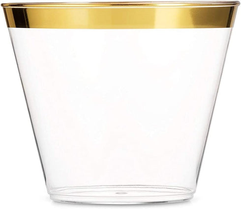 100 Plastic Cups 9 Oz Gold Plastic Cups Old Fashioned Tumblers Gold Rimmed Plastic Cups for Party Decorations Disposable Clear Plastic Cups for Wedding Cups Elegant Party Cups