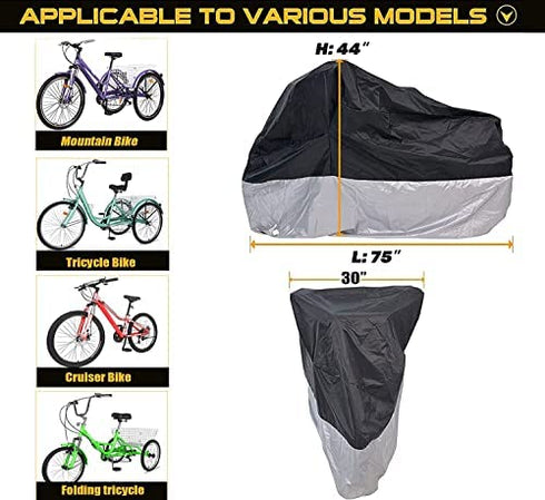 Bike Cover Adult Tricycle Cover Waterproof Bicycle/Motorcycle Storage Cover, Heavy Duty Ripstop Material & Anti-UV, Protect Your Bike from Rain, Dust, Debris Sun for Outdoors Indoors (Silver-Black)