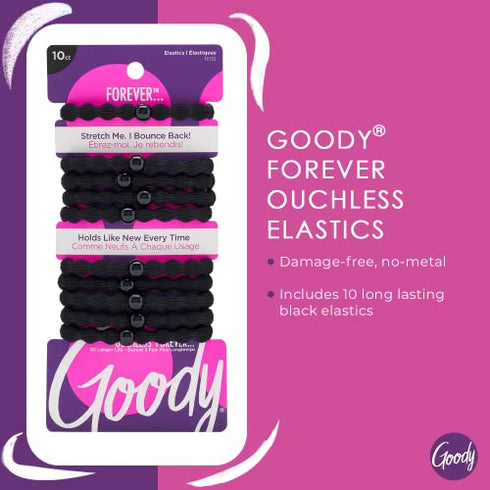 Goody Forever Ouchless Elastic Hair Tie - 10 Count, Black - Medium Hair to Thick Hair - Hair Accessories for Women and Girls
