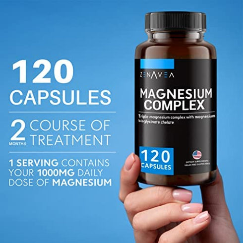 Triple Magnesium Complex Supplement(120 Vegan Capsules) - 1000mg of Magnesium Glycinate Malate and Citrate for Max Absorption TRAACS® - Calm Magnesium Complex Supplements