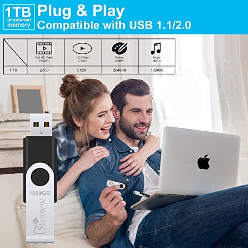 USB Flash Drive 1000gb, 2.0 USB Thumb Drives Dianww for Computer/Laptop, External Data Storage Drive with Rotated Design, Memory Stick, Jump Drive Storage for Storing Photo/Video/Music/File (Black)
