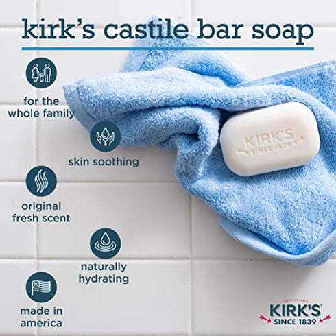Kirk's Castile Bar Soap Clean Soap for Men, Women & Children| Premium Coconut Oil | Sensitive Skin Formula, Vegan | Original Fresh Scent | 4 oz. Bars - 3 Pack