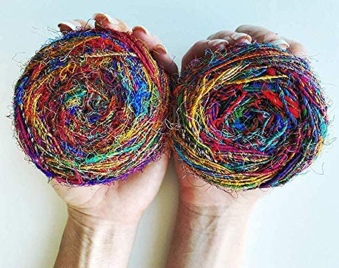Revolution Fibers Recycled Sari Silk Yarn, Multi-Color Pure Silk Yarn, Made from Handspun Used Sari Fabric Ribbon Scraps, Rainbow Yarn for Knitting, Weaving & Crocheting 100 Grams per Ball (1-Pack)