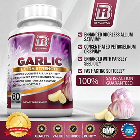 BRI Nutrition Odorless Garlic - 60 Softgels - 1000mg Pure and Potent Garlic Allium Sativum Supplement (Maximum Strength) - 30 Day Supply