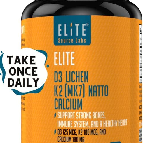 Elite Vitamin D3 K2 MK7 - Support Your Bones, Vitamin D Levels, Heart, and Immune System with Vegan Lichen Vitamin D3 5000 IU and Vitamin K2 MK-7 180 Mcg with Calcium Citrate. 90 Capsules