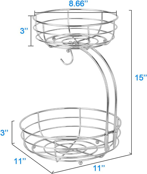 Bextsrack 2-Tier Fruit Basket Bowl with Banana Hanger for Kitchen Countertop, Dining Table, Silver