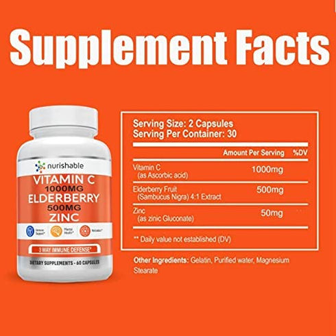 Elderberry with Zinc and Vitamin C For Adults - Vitamin C 1000mg Capsules with Zinc 50mg & Elderberry for Immune Support & Antioxidant Protection - Easy To Swallow, Non-GMO - 60 Veggie Capsules