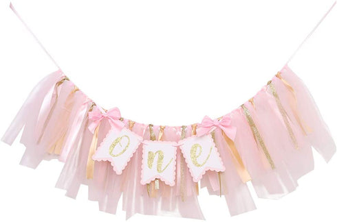 Highchair Banner 1st Birthday Girl - Tulle And Ribbon Banner For First Birthday, Cake Smash Photo Prop, Party Supplies . (Pink)