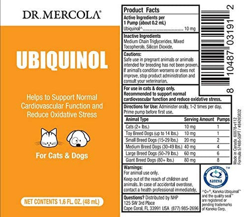 Dr. Mercola Ubiquinol Liquid Pump for Cats & Dogs, (1.45 Fl. Oz.), Non GMO, Gluten Free, Soy Free