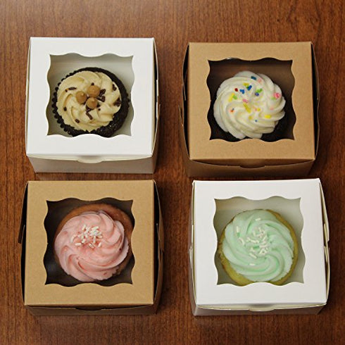 Spec101 Brown Bakery Boxes with Window, 25pk - 4in x 4in Cake Boxes, Party Favor Boxes, Candy Boxes, Dessert Boxes