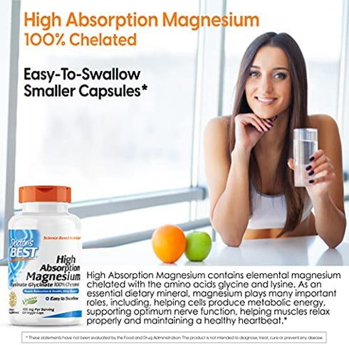 Doctor's Best High Absorption Magnesium Lysinate Glycinate, Easy to Swallow, 120 Ct