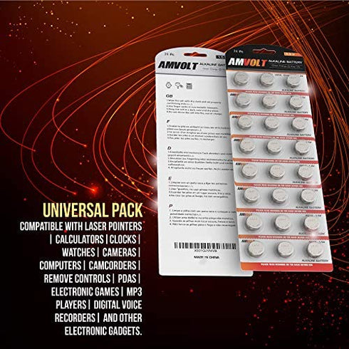 AmVolt- Pack of 24 LR44 Batteries AG13 SR44 357 303 Premium Alkaline Non Rechargeable Button Battery, 1.5 Volt Small Batteries for Watches Clocks & Electronic Devices