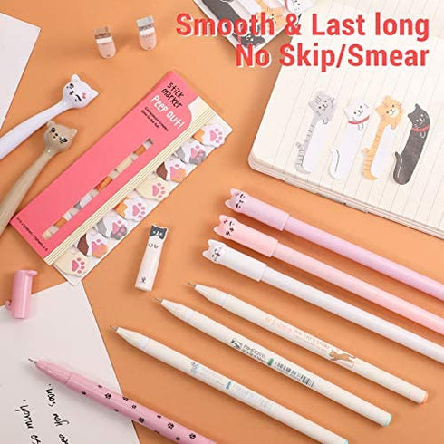 Cat Adhesive Notes Pen Set, Cat Self-Stick Page Flags with 9 Cat Gel Ink Pens 30 Cat Shaped Paper Clips and Cartoon Cat Stickers, Cat Index Tabs Kits for Home School Office