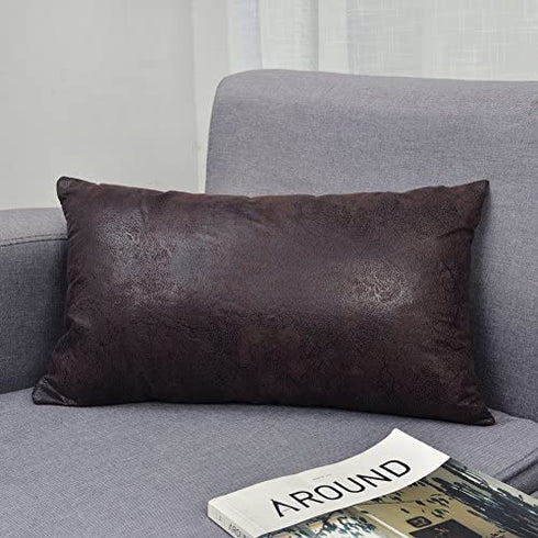 WFLOSUNVE Soft Faux Leather Pillow Cover, Decorative Throw Lumbar Pillow Case Cushion Cover for Couch and Sofa 12x20 Inch (Dark Brown)