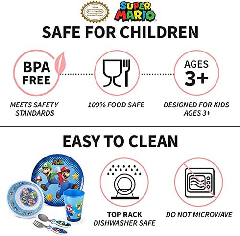 Franco Kids Dinnerware Cartoon Designed Mealtime Kitchen Set, 5 Piece Pack, Super Mario,KZ0068