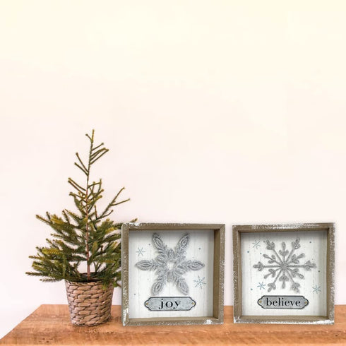 Heyaner Christmas Decorations for Home Snowflake Believe Joy Table Decor Wooden Rustic Farmhouse Block 2Pack 7 x 7 Inches Winter Holidays Sign for Party Coffee Table