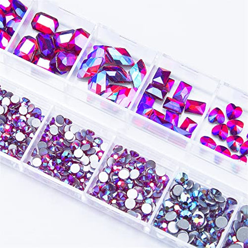 660Pcs AB Red Rhinestones Crystals Gems Nail Art Flat Back Round Beads Red AB Multi Sized Shapes Gems Rhinestone Stones for Nail Art DIY Jewelry Crafts Accessories