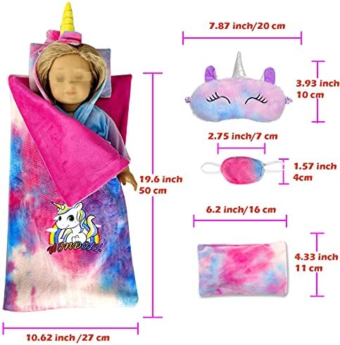 WONDOLL 18-inch Doll-Clothes and Doll-Sleeping-Bag Set - Unicorn-Pajama with Matching Sleepover Masks & Pillow - Compatible with Generation, My Life, Journey Doll Accessories Best Gifts