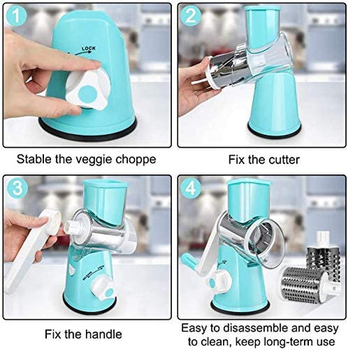 SEYODA Graters for Kitchen,Cheese Grater Efficient Vegetable Slicer with 3 Interchangeable Round Stainless Steel Blades,Easy to Clean Rotary Cheese Grater for Fruit,Vegetables,Nuts. (Blue)