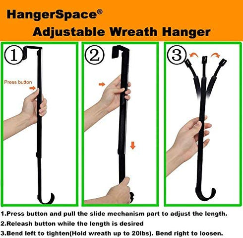 HangerSpace Wreath Hanger for Front Door, Over Door Wreath Hook Wreath Holder Adjustable Length 15 inch - 24 inch with 2 Magnets Christmas Decoration - Bronze