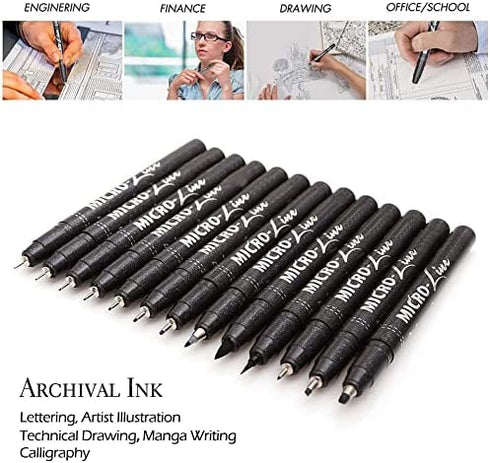 Dainayw Precision Micro-Line Pens, Black Waterproof Archival Ink Calligraphy Pen for Artist Illustration, Technical Drawing, Manga Writing, Hand Lettering, Multiliner, Fineline, Scrapbooking, 13 Size