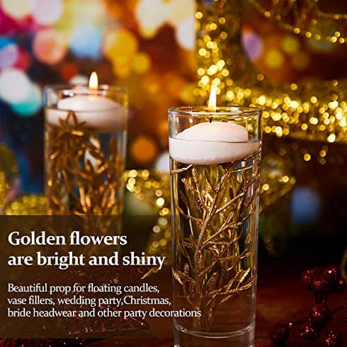 50 Pieces Faux Flowers for Floating Candles Floating Flowers Vase Fillers Vases for Centerpieces Mini Flower Filler Filling in Cylinder for Vases Filler Wedding Centerpiece Party Decor (Gold)