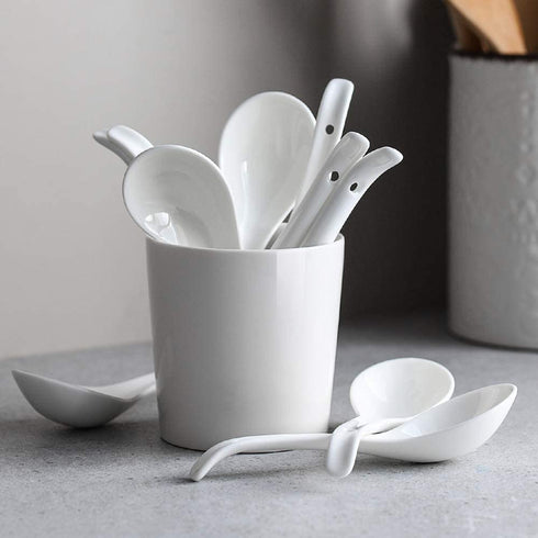 DOWAN Soup Spoons, Ceramic Chinese Soup Spoons, Asian Soup Spoons, White Japanese Spoon Large for Ramen Pho Wonton Dumpling Miso, Set of 6