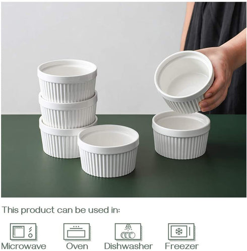 DOWAN 8 oz Ramekins - Ramekins for Creme Brulee Porcelain Ramekins Oven Safe, Classic Style Ramekins for Baking Souffle Ramekins Bowls, Set of 6, White