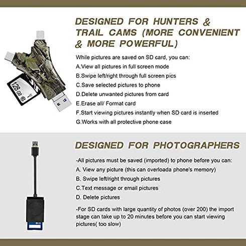 Trail Camera Viewer SD Card Reader,4 in 1 SD and Micro SD Memory Card Reader Compatible with iPhone/ipad ,Trail Camera SD Card Viewer to View Hunting Game Camera Photos or Videos on Smartphone