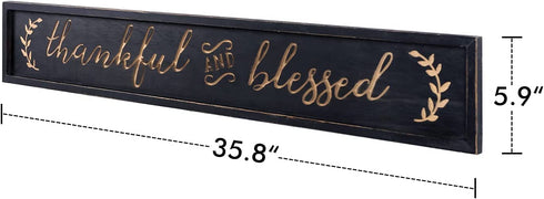 NIKKY HOME Thankful and Blessed Carved Wood Framed Wall Plaque Sign with Inspirational Quote, 36" x 5.9", Black