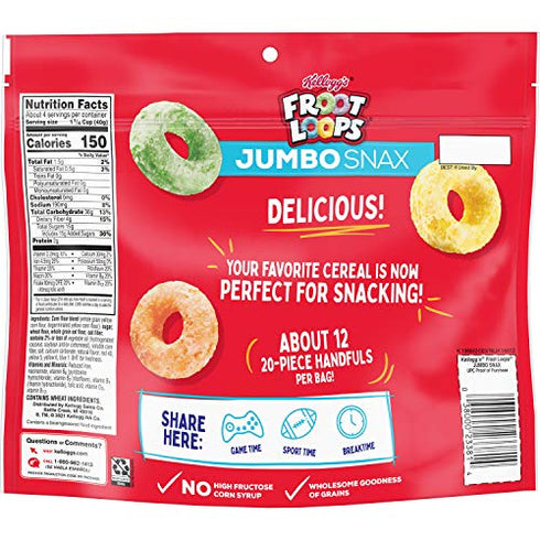 Kellogg’s Froot Loops Jumbo Snax Cereal Snacks, Kids Snacks, Fruit Flavored, Original, 6oz Bag (1 Bag)