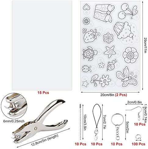 Hysagtek 158 Pcs Shrinky Sheets Kits for Shrinky Dinks, Including 17 Pcs Heat Shrink Plastic Sheets Shrinky Art Paper, 140 Pcs Keychains Accessories, Hole Punch for Kids Craft Christmas Ornaments
