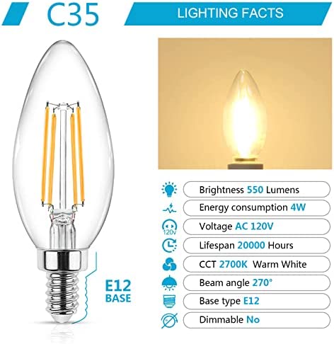 Ascher E12 Candelabra LED Light Bulbs 60 Watt Equivalent, 550 Lumen, Warm White 2700K, Clear LED Filament Candle Bulbs, Non-Dimmable, Pack of 5