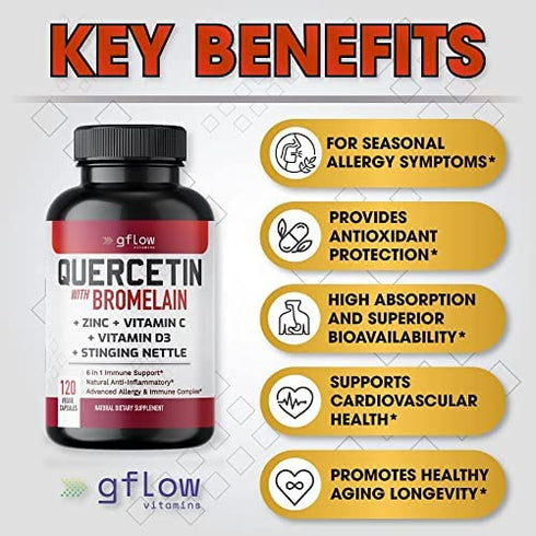 Quercetin with Vitamin C and Zinc - Quercetin 500mg - Quercetin with Bromelain - Zinc Quercetin - Stinging Nettle -120 Veggie Caps. Quercetin Supplements + Vitamin D3 (Non-GMO, Gluten-Free, Vegan)