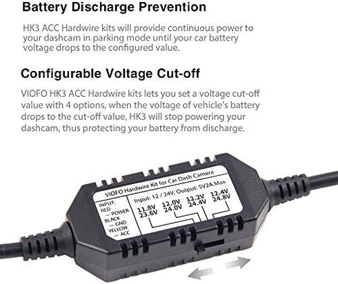 VIOFO HK3 ACC Hardwire Kit for A129, A129 Plus, A129 PRO, A129 IR, A119V3, Enables Parking Mode, Low Voltage Protection