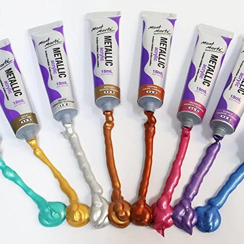 Mont Marte Metallic Acrylic Paint Set 8 Piece x 18 ml Tubes, Lightfast Colors with Smooth Consistency and Opaque Metallic Finish.