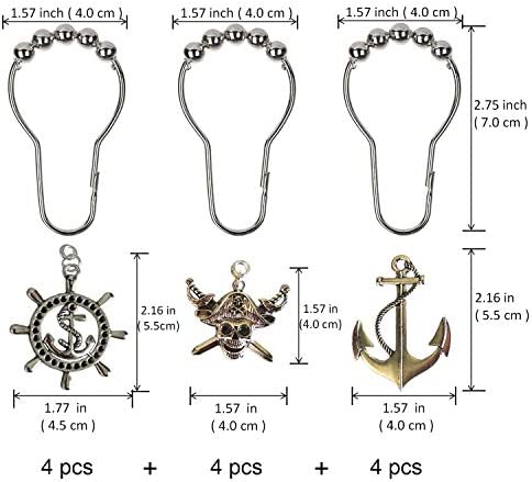 Aimoye Nautical Shower Curtain Hooks Rings - Pirate Skull, Anchor, Rudder Decorative Bathroom Accessories Set, Silver Metal Window Curtain Hangers, Tropical Ocean, Beach, Sea Theme Bathroom Decor