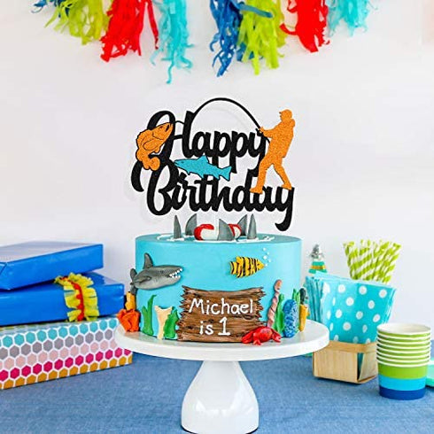 Fish Cake Topper Happy Birthday Sign Cake Decorations for Man Kids Boy Fisherman Gone Fishing Themed Birthday Party Supplies Black Glitter Decor