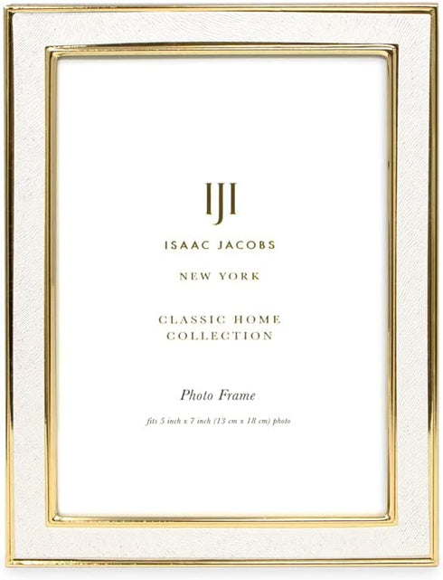 Isaac Jacobs 5x7 White Textured Leather (Vertical & Horizontal) & Gold Metal Picture Frame, with Black Fabric Easel, Wall-Mountable, Made for Tabletop, Wall-Hanging, Home or Office (5x7, White W/ Gold)