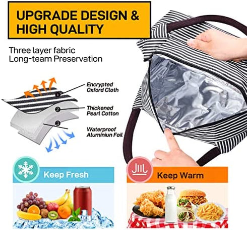 Buringer Reusable Insulated Lunch Bag Cooler Tote Box Meal Prep for Men & Women Work Picnic or Travel (Grey White Stripes)