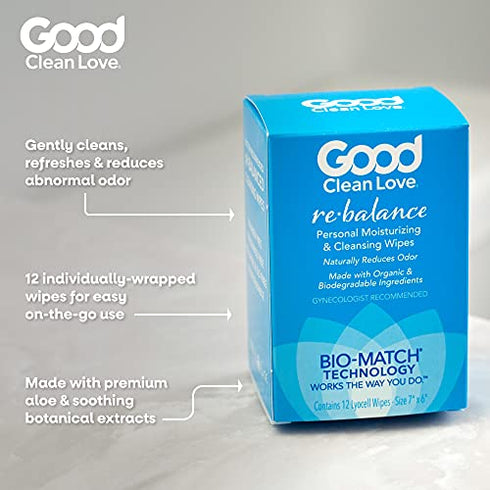 Good Clean Love Rebalance Personal Moisturizing & Cleansing Wipes, Naturally Reduces Odor & Supports Vaginal Health, pH-Balanced Feminine Hygiene Product, 24 Wipes