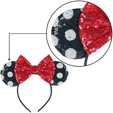 2 Pcs Mouse Ears Bow Headbands, Shiny Sequin Bow Headbands Classic Red Mouse Ears Headbands for Adult Women Girls